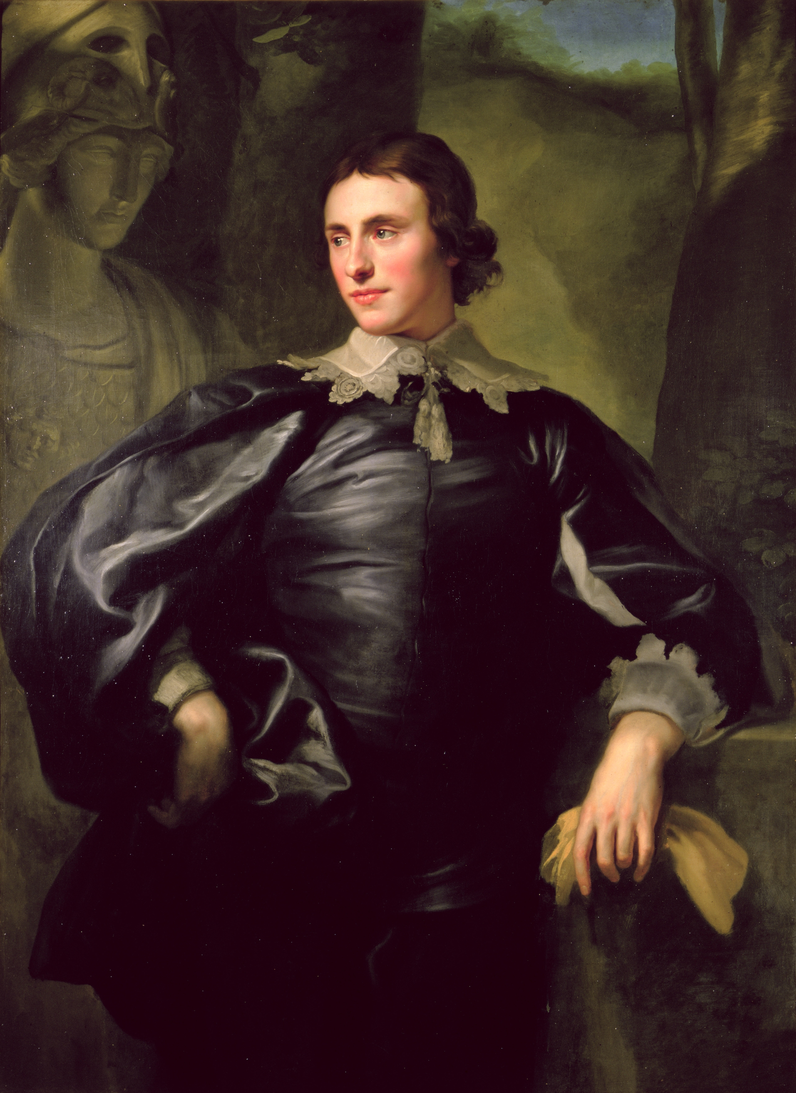 Portrait painting of a man in a dark coat reading a book, with a landscape view in the background.