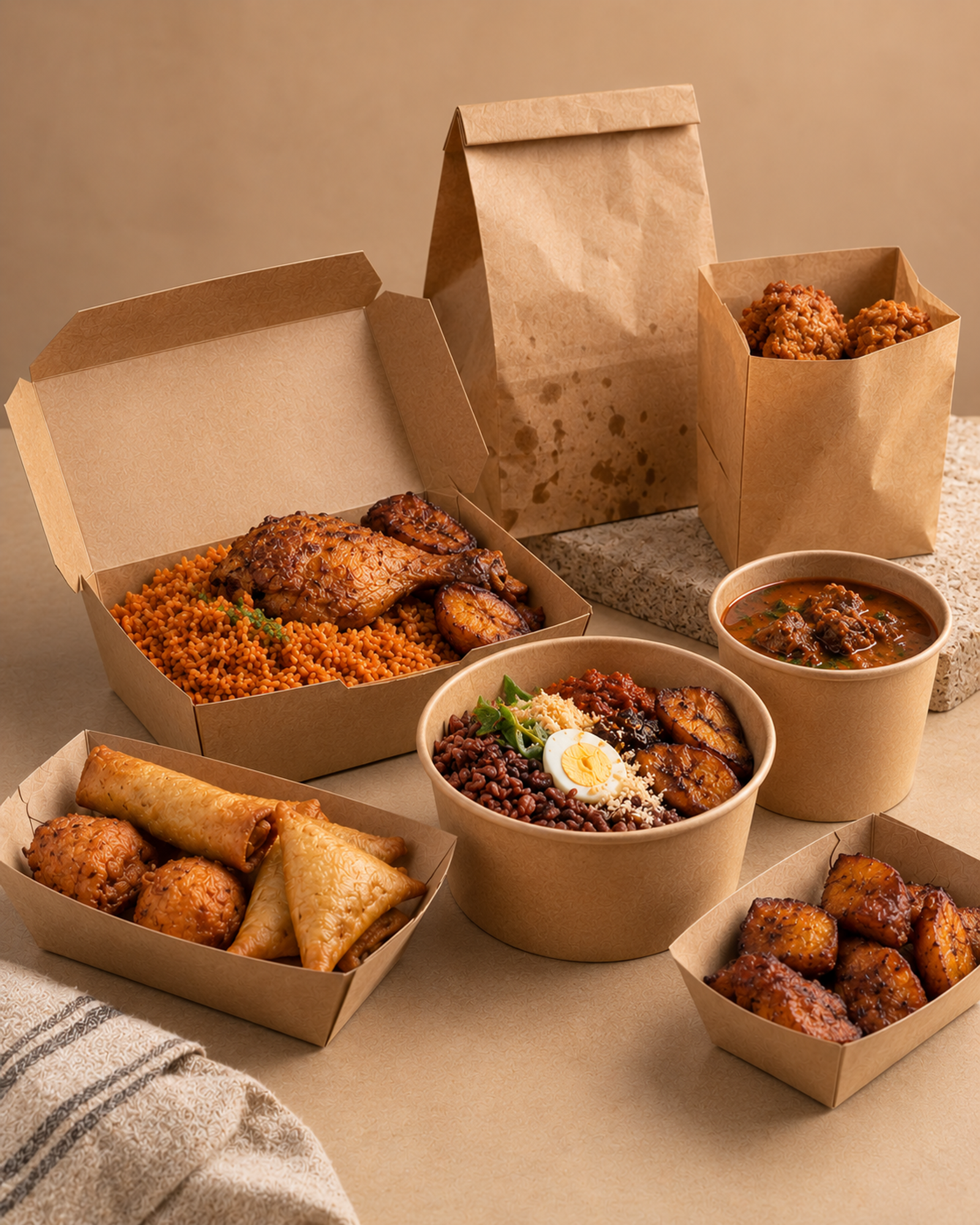 Kraft paper food packaging with Ghanaian takeaway meals
