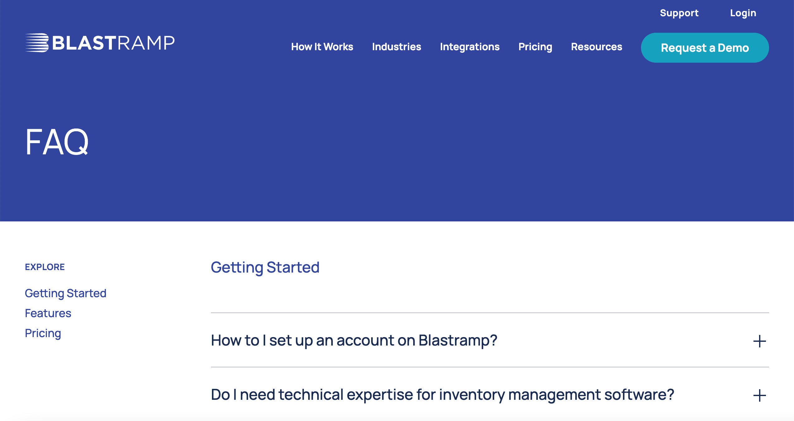 Website design of an FAQ page.