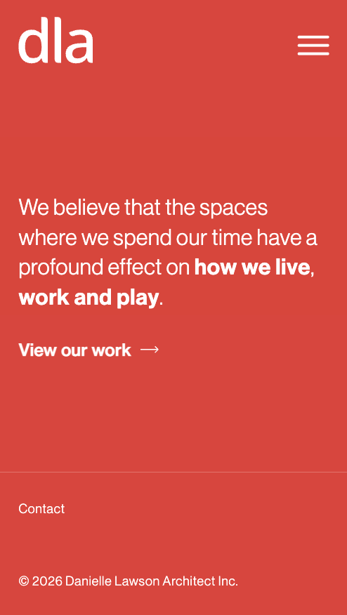 Mobile design of a website footer featuring white text on a red background inviting visitors to view work. 