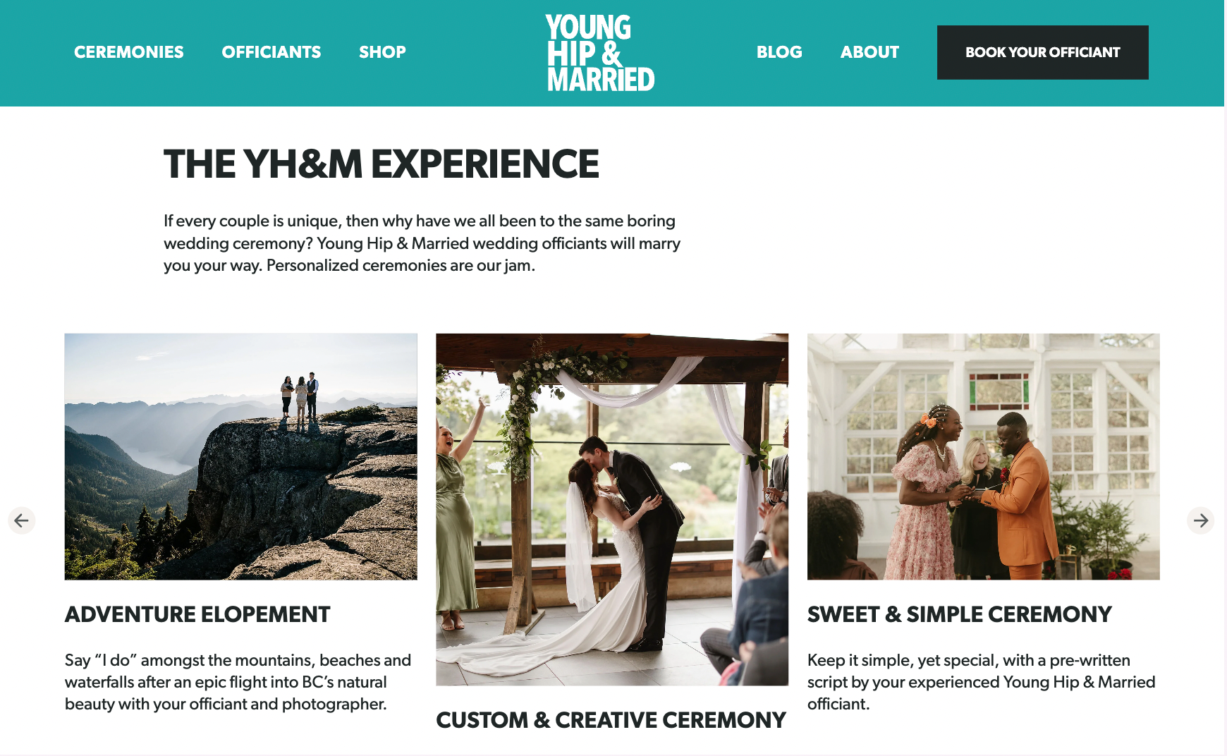 A carousel of features links to ceremony offerings.
