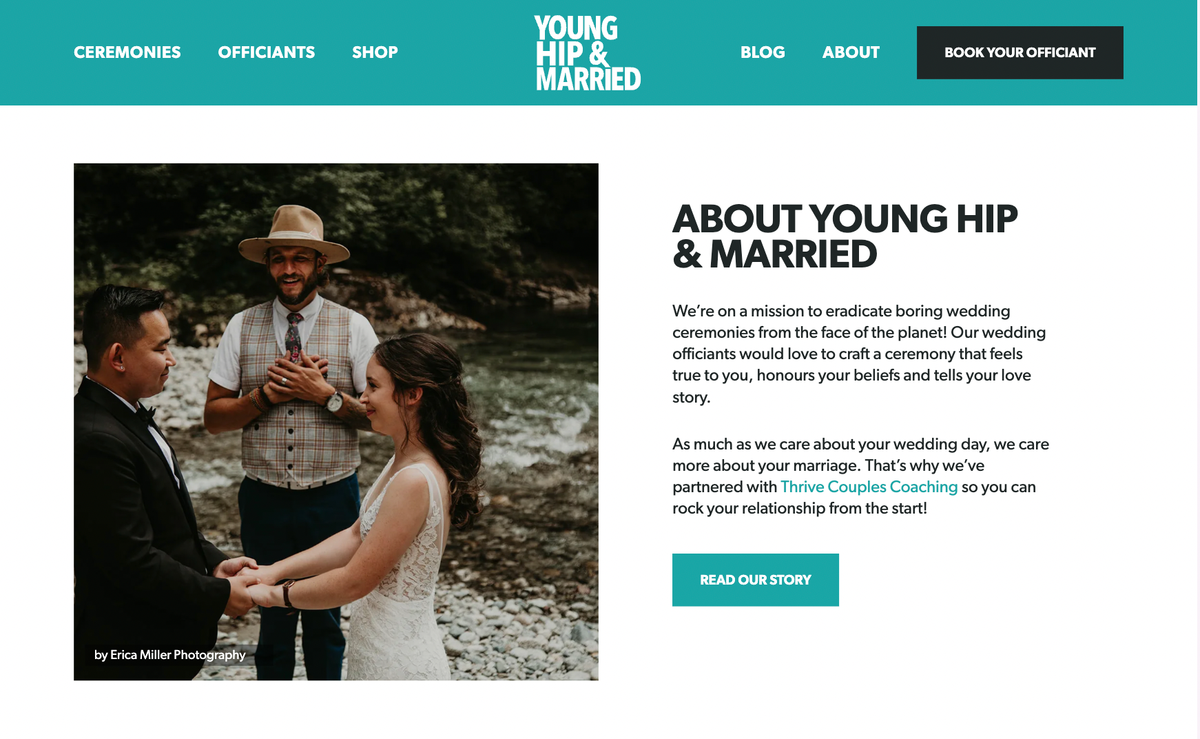 Website design for Young Hip & Married displaying a photo of a wedding ceremony and copy about the company.