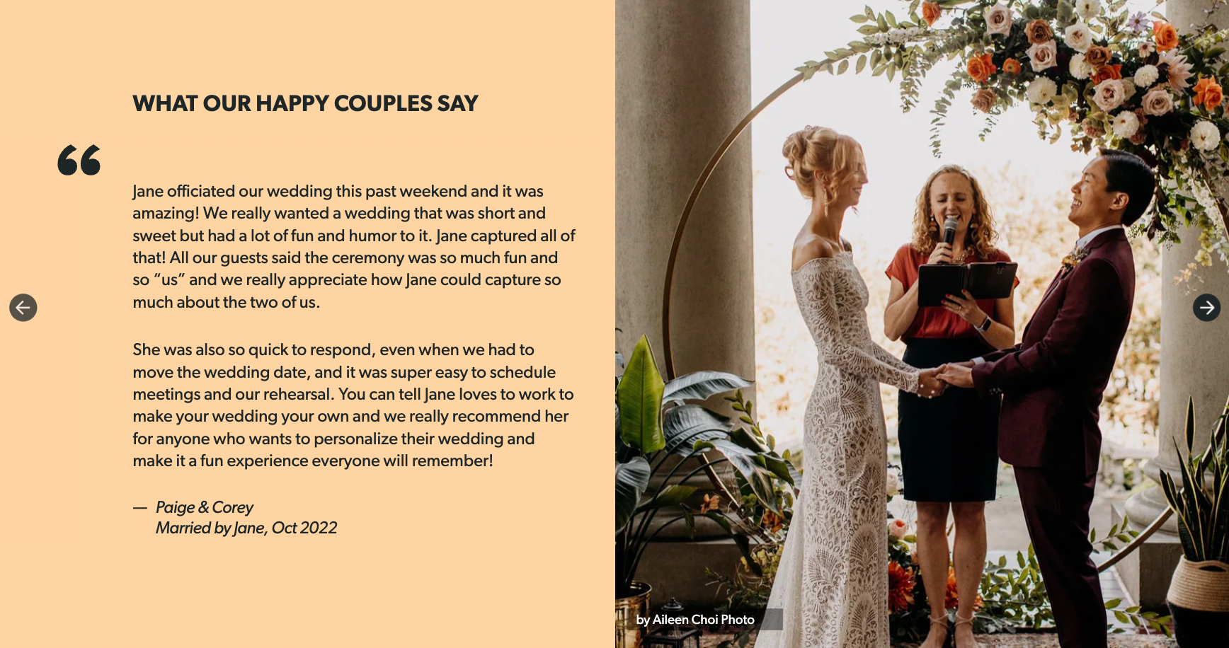 A testimonial accompanied by an image on a yellow background.