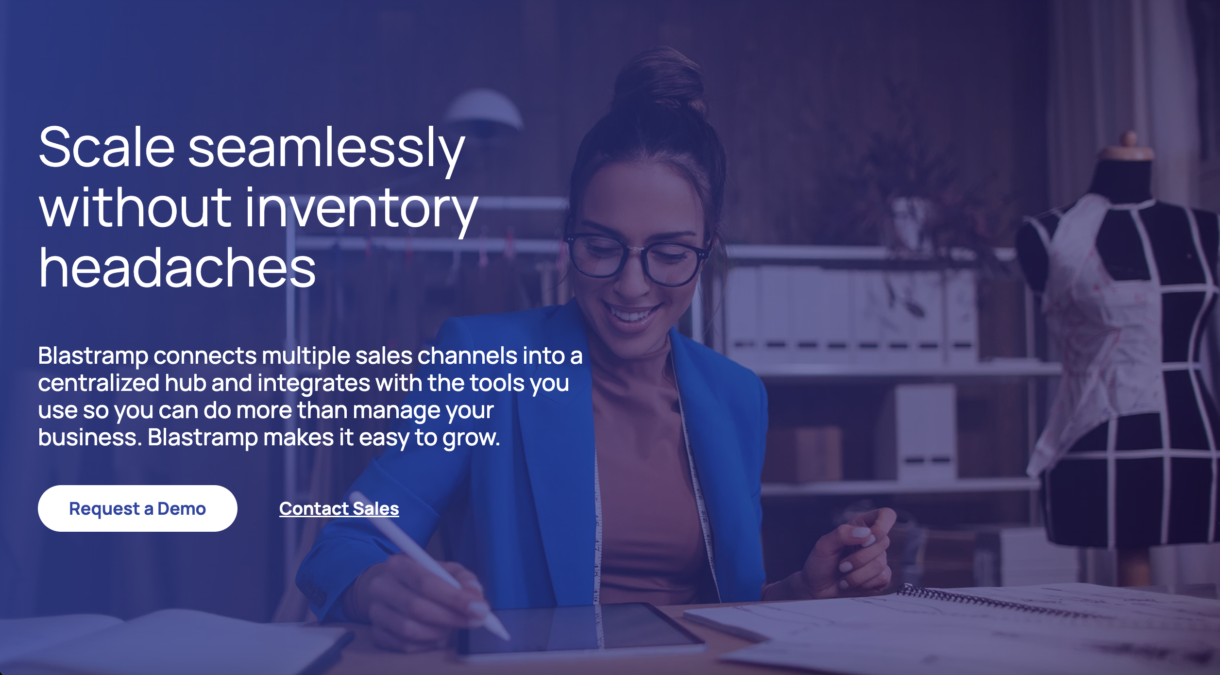 CTA block in a website footer featuring text over an image with a blue overlay.