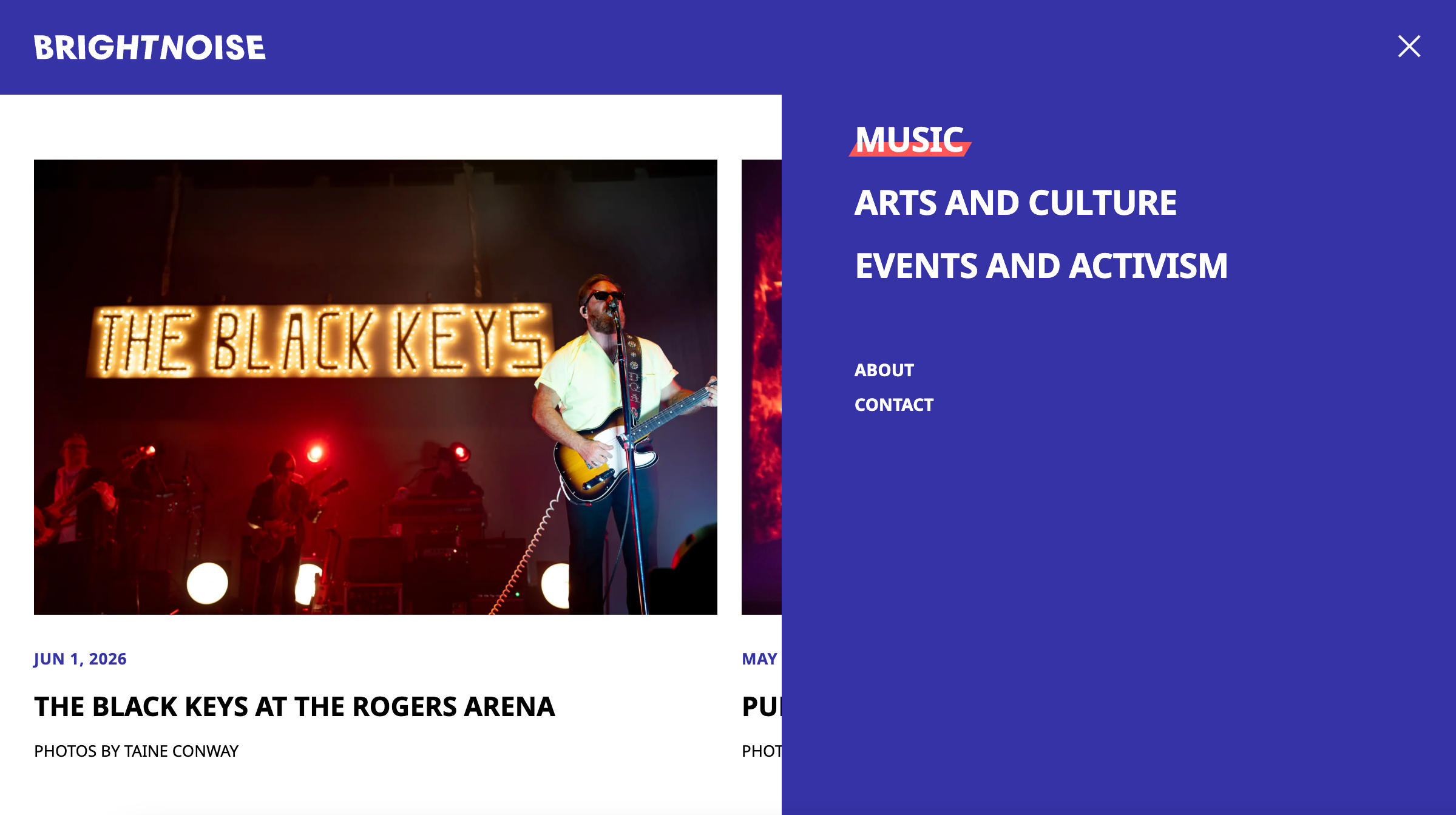 Website design featuring a picture of the Black Keys. The navigation drawer is open and shows white text on a purple background.