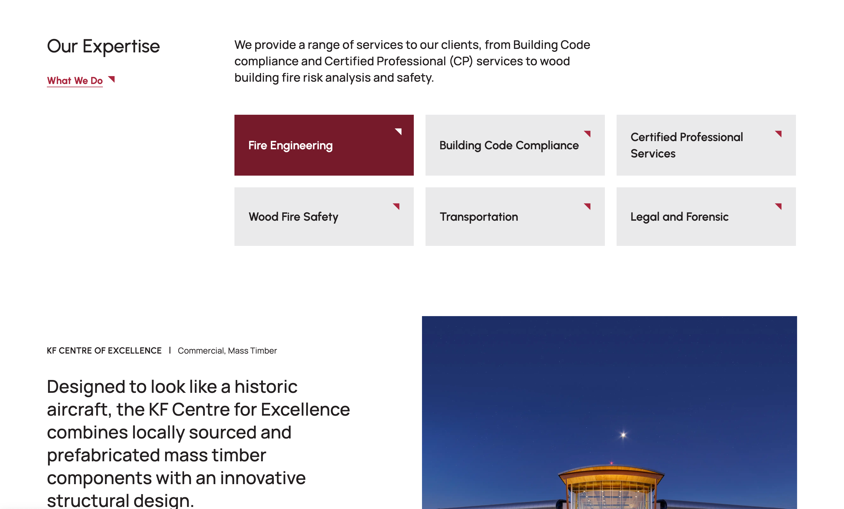 A website design featuring large links to areas of expertise and featured projects.