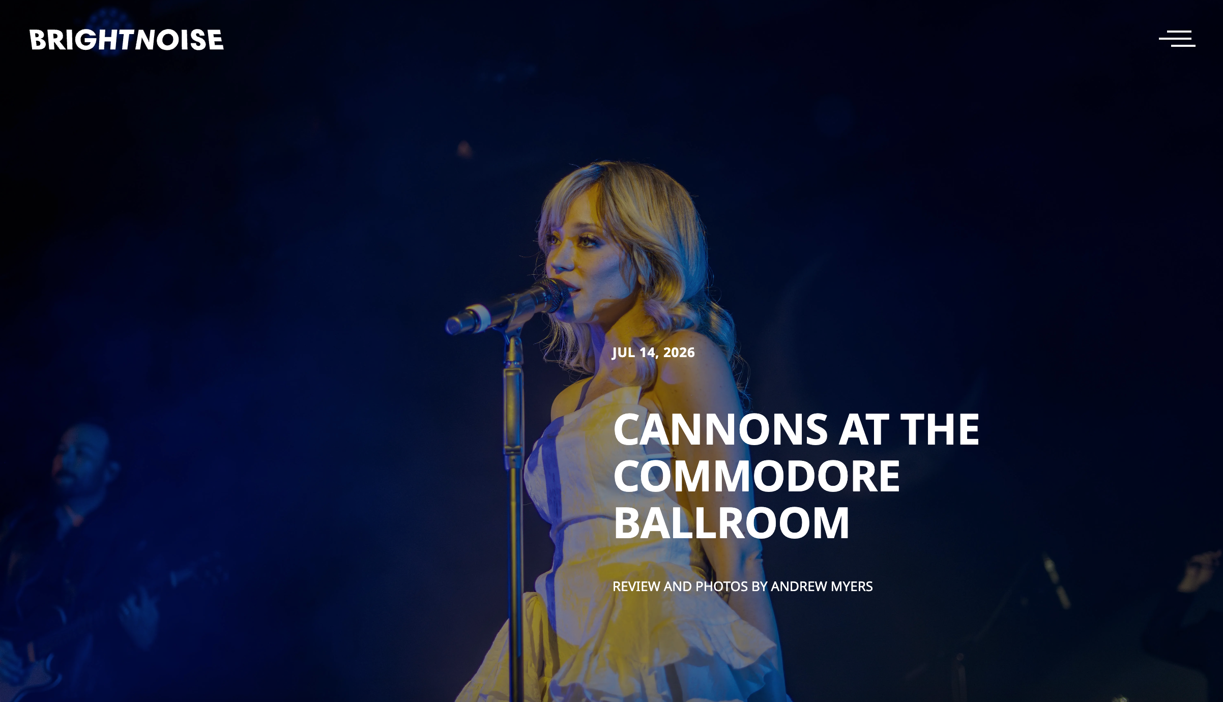 Bright Noise website design featuring a fullscreen image with white text on top.