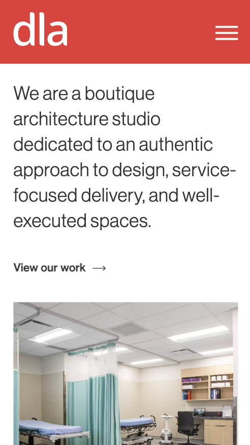 Mobile home page for a Vancouver architecture firm displaying heading text and an image.