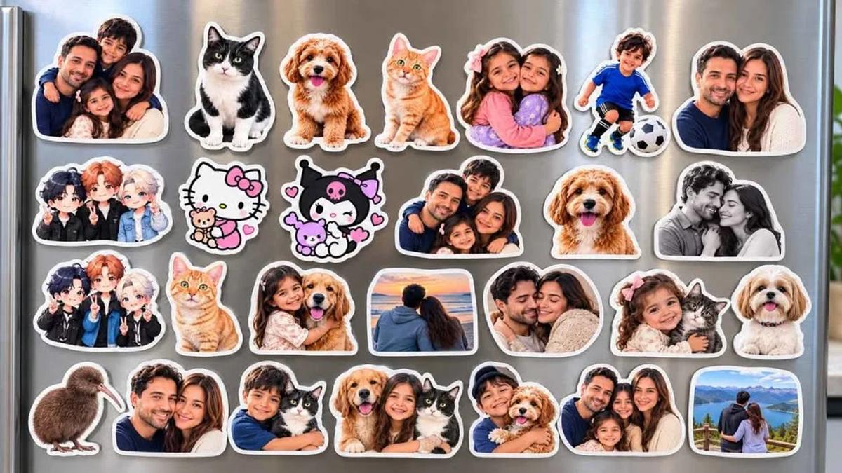 Photo fridge magnets printed with family and pet photos, each cut to the outline of its picture.