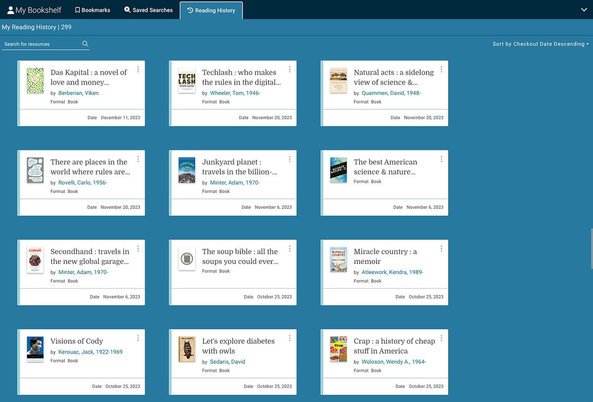 Screenshot of a library account's borrowing history, a grid of book covers