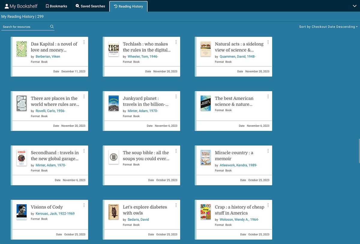 Screenshot of a library account's borrowing history, a grid of book covers