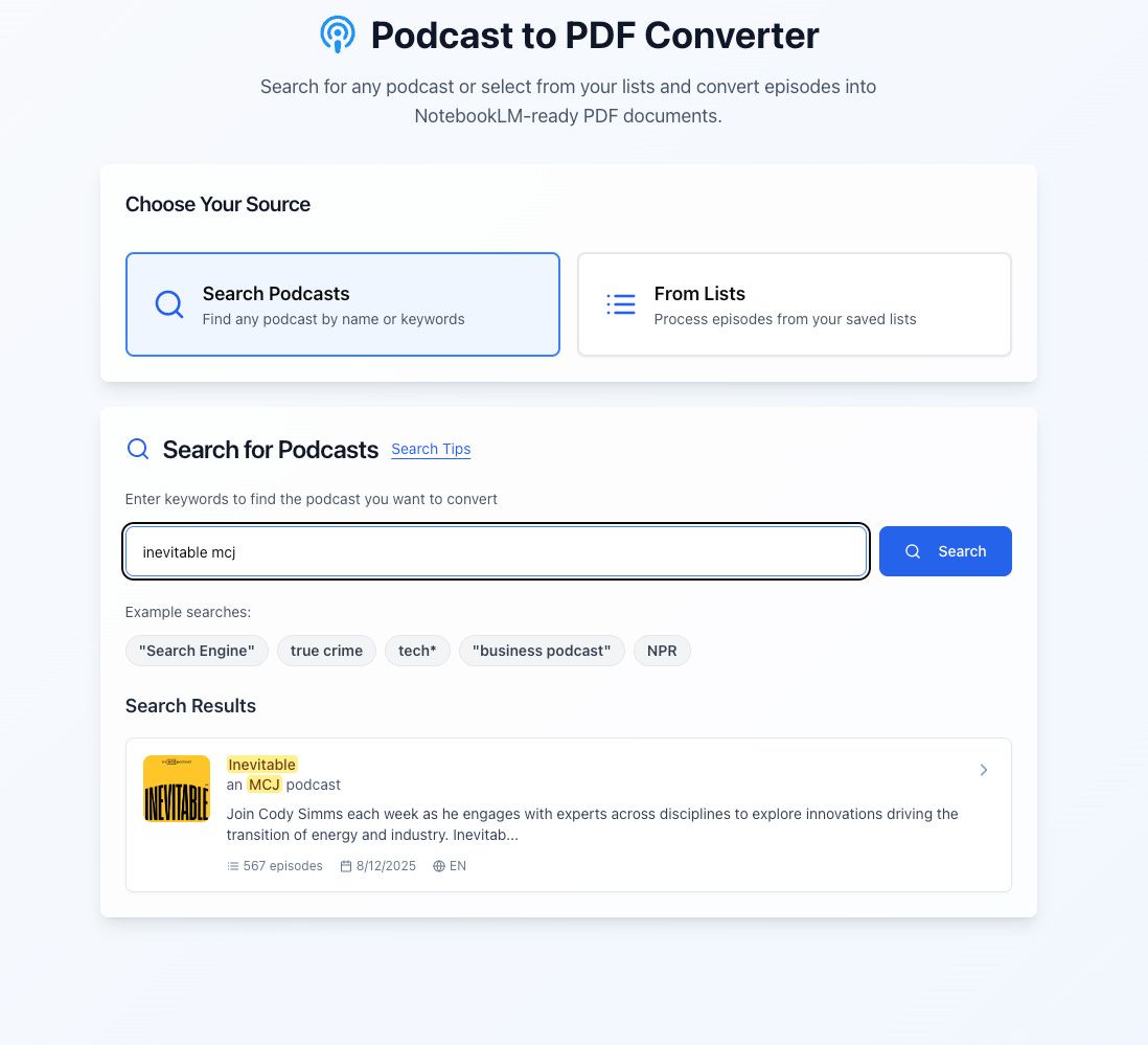 Screenshot of the Podcast to PDF Converter tool, with a podcast search box and results