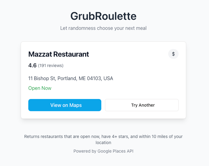 Screenshot of the GrubRoulette app suggesting a random nearby restaurant