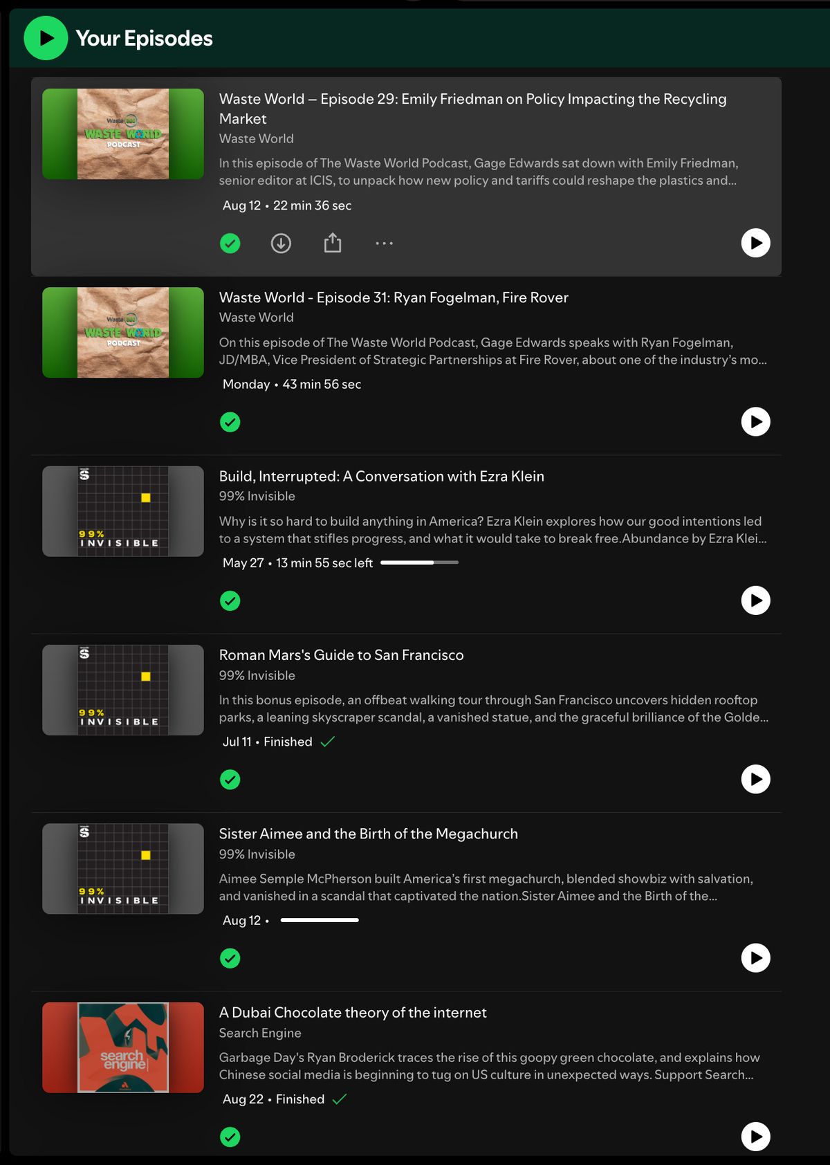 Screenshot of a podcast app's episode feed in dark mode