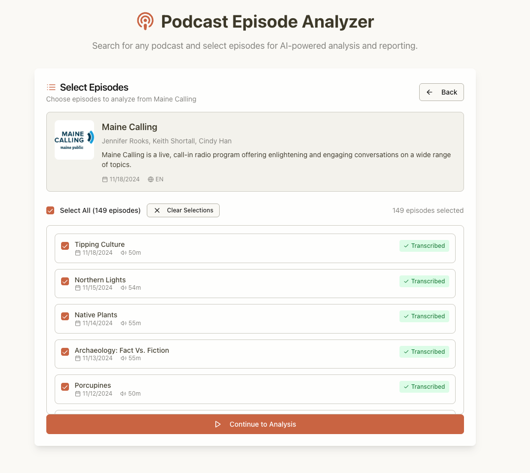 Screenshot of the Podcast Episode Analyzer tool, listing Maine Calling episodes to select