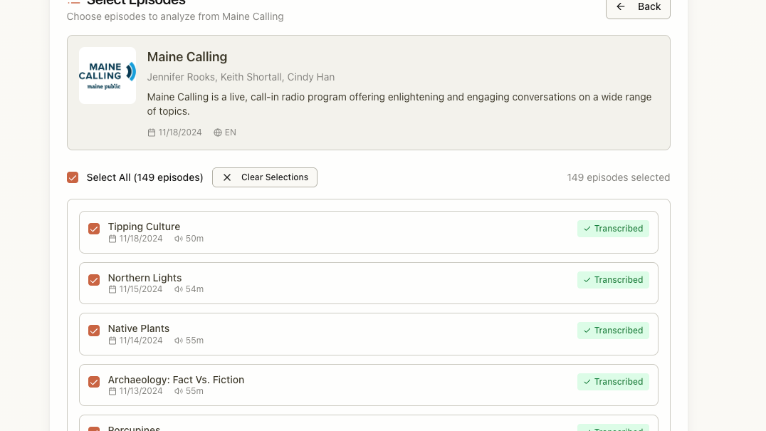 Screenshot of the Podcast Episode Analyzer tool, listing Maine Calling episodes to select