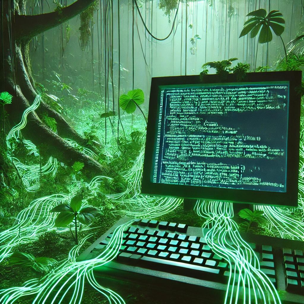 Illustration of an old computer terminal in a jungle, wrapped in glowing green vines