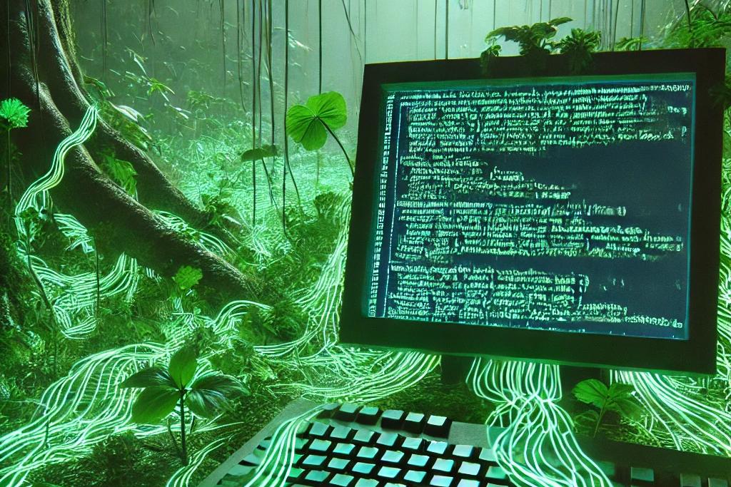 Illustration of an old computer terminal in a jungle, wrapped in glowing green vines