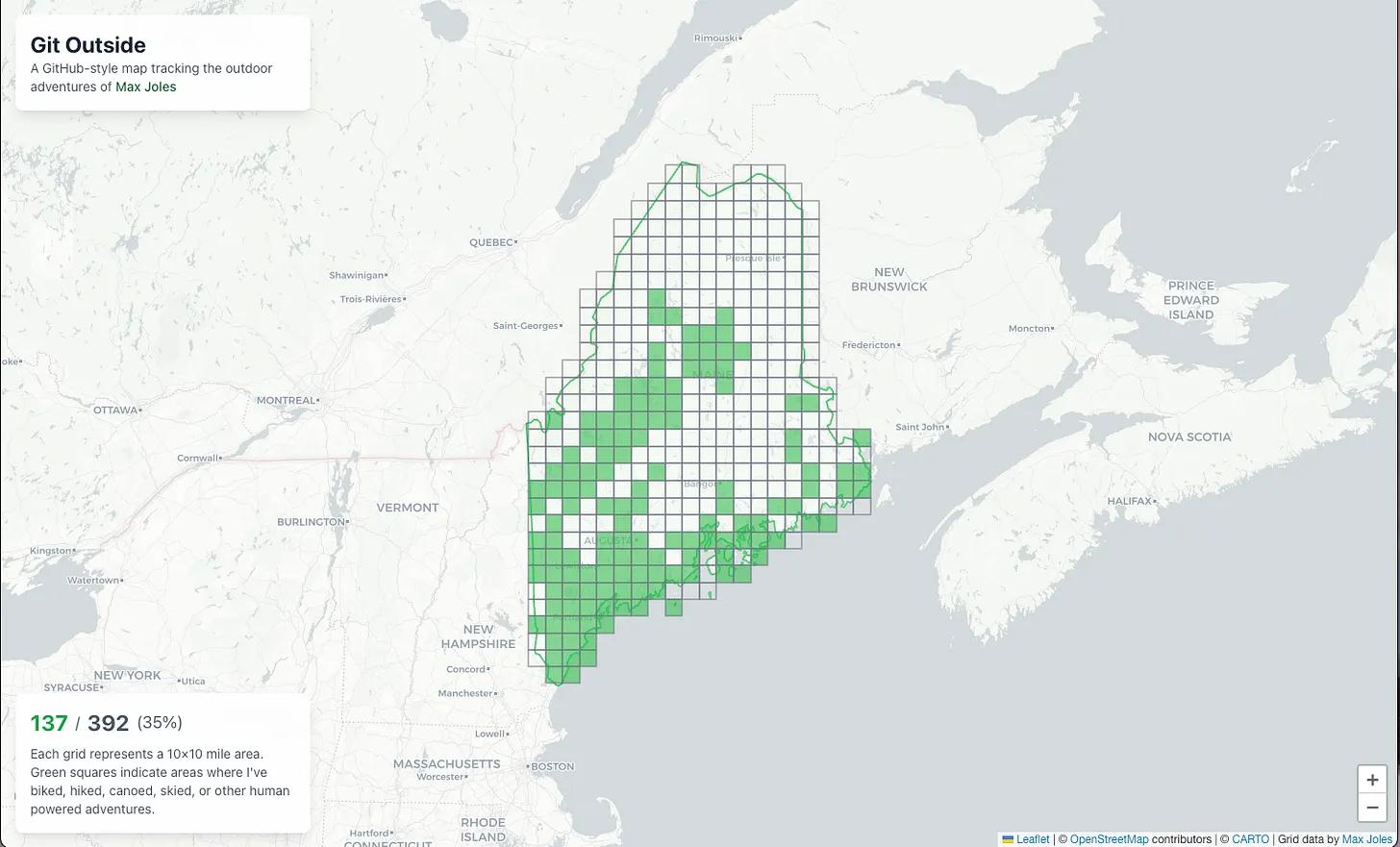 Screenshot of a map of Maine with a grid of squares, some shaded green as visited