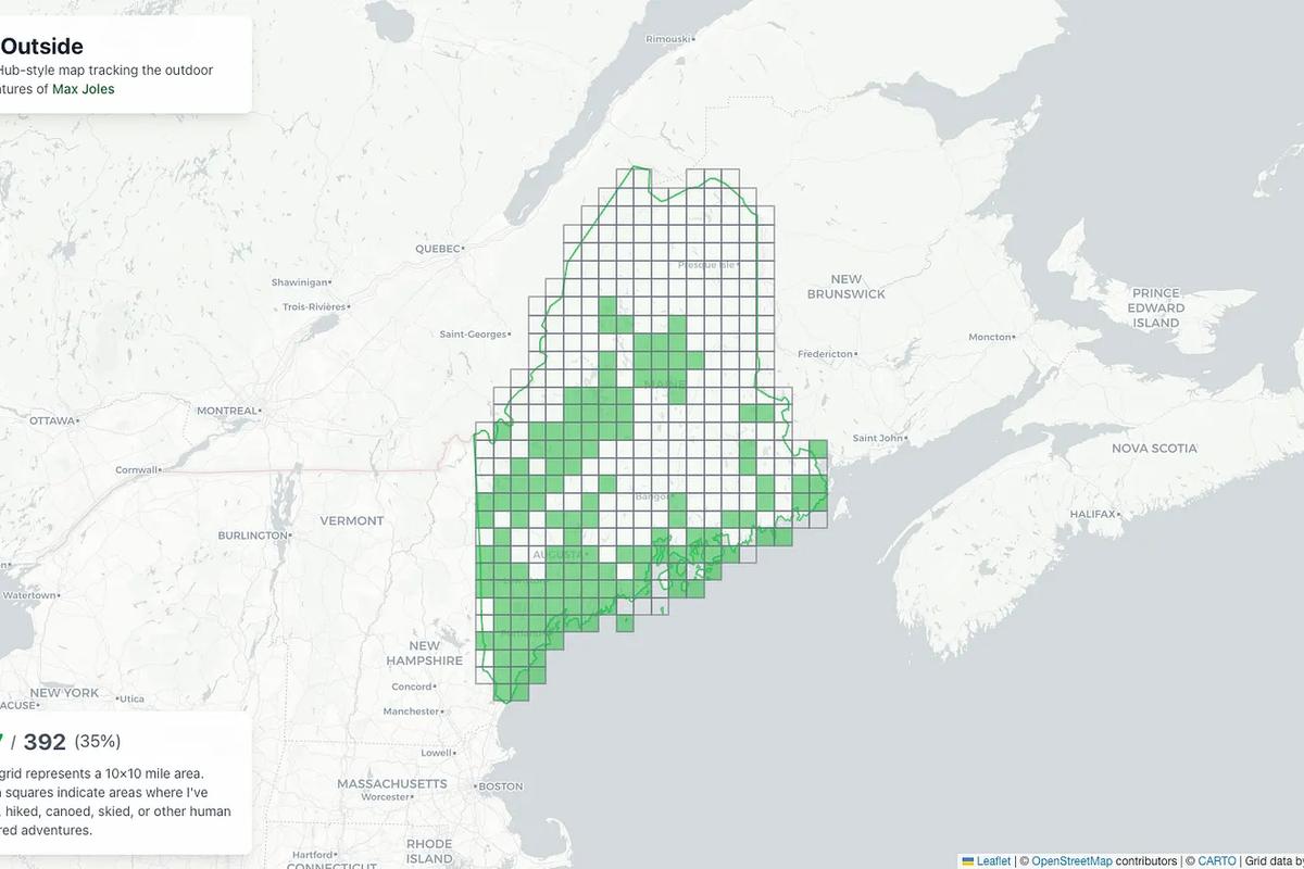 Screenshot of a map of Maine with a grid of squares, some shaded green as visited