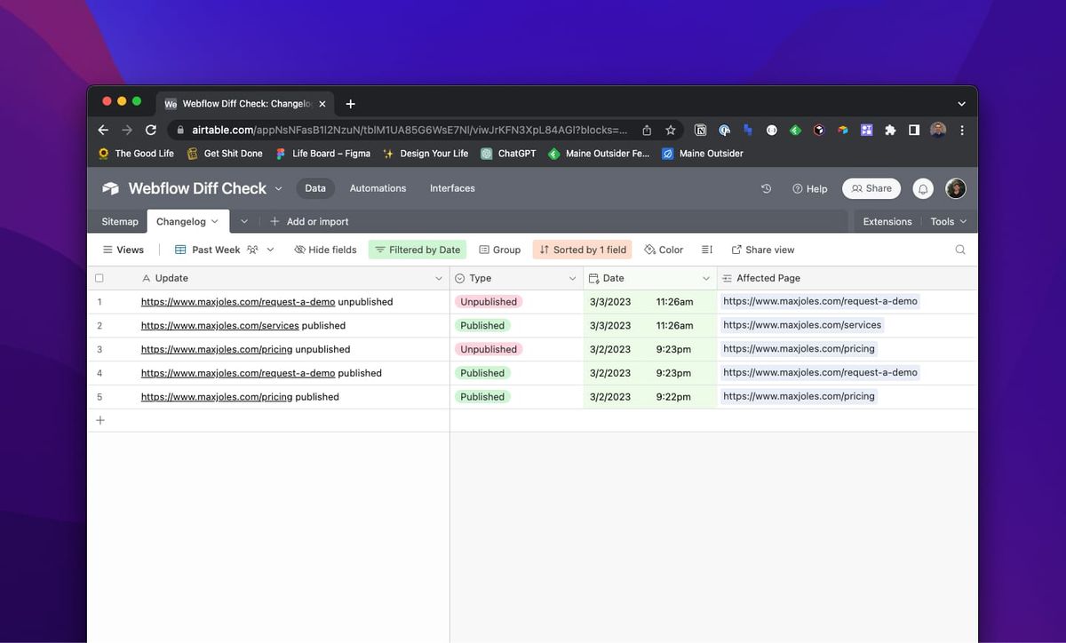 Screenshot of an Airtable base tracking Webflow sitemap changes, on a laptop screen