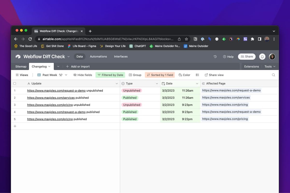 Screenshot of an Airtable base tracking Webflow sitemap changes, on a laptop screen