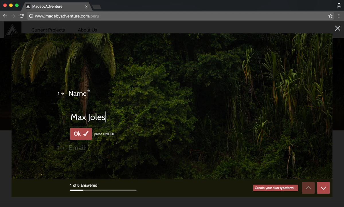 Screenshot fo typeform application for trip to Peru