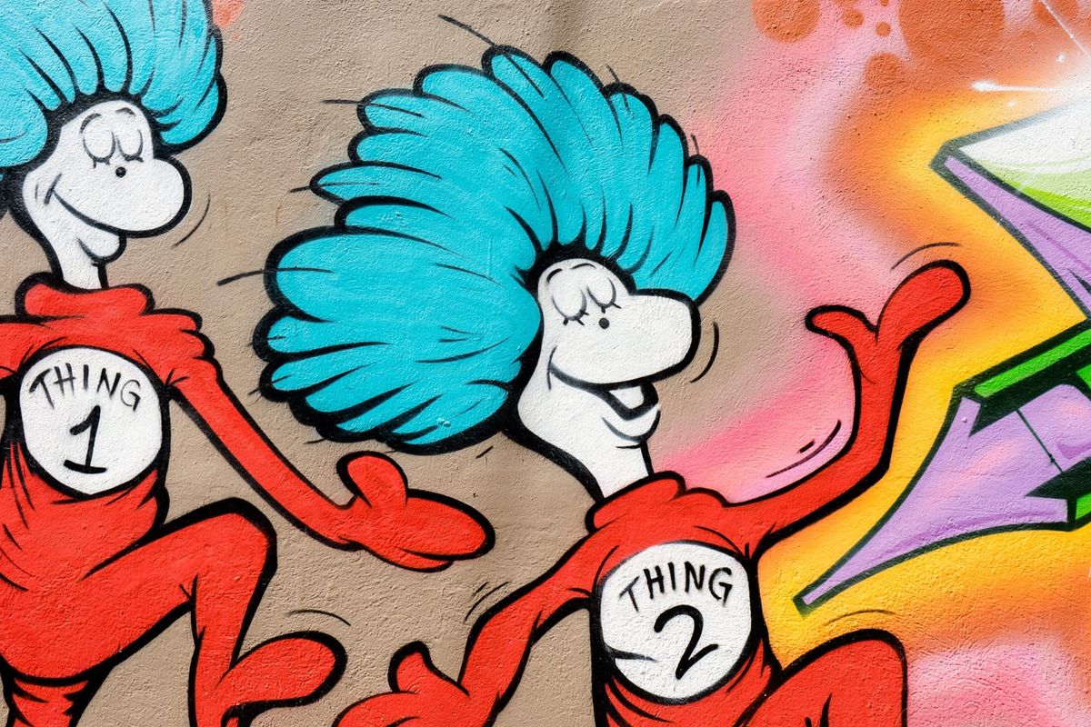 Street mural of Thing 1 and Thing 2 from Dr. Seuss