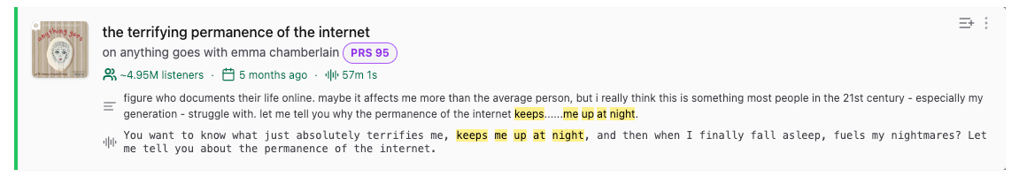 Screenshot of a podcast transcript search result with the phrase “keeps me up at night” highlighted