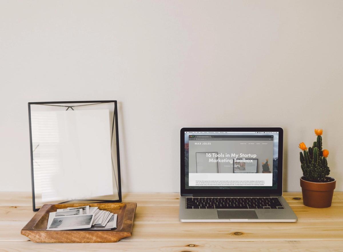 Laptop, framed print and potted cactus on a wooden desk