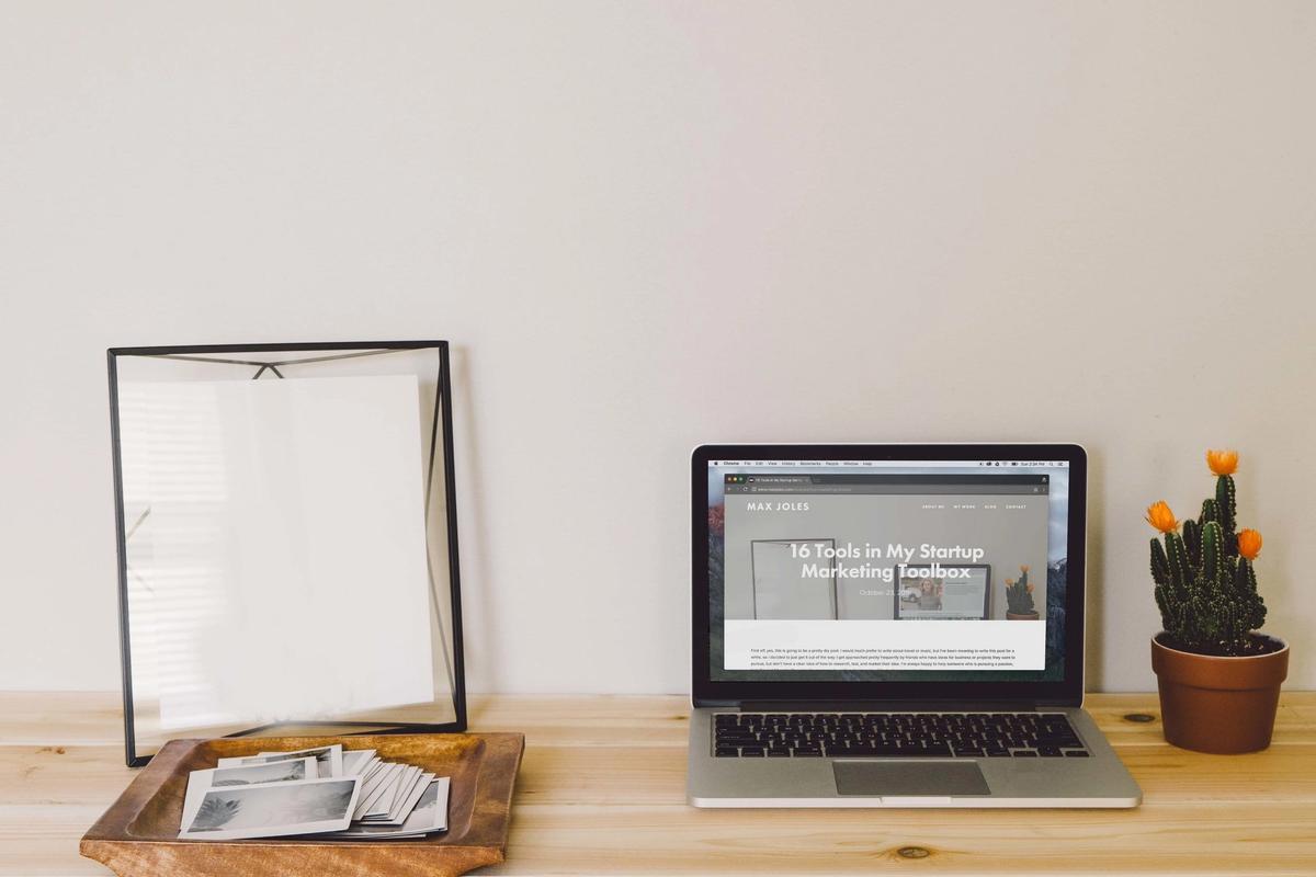 Laptop, framed print and potted cactus on a wooden desk