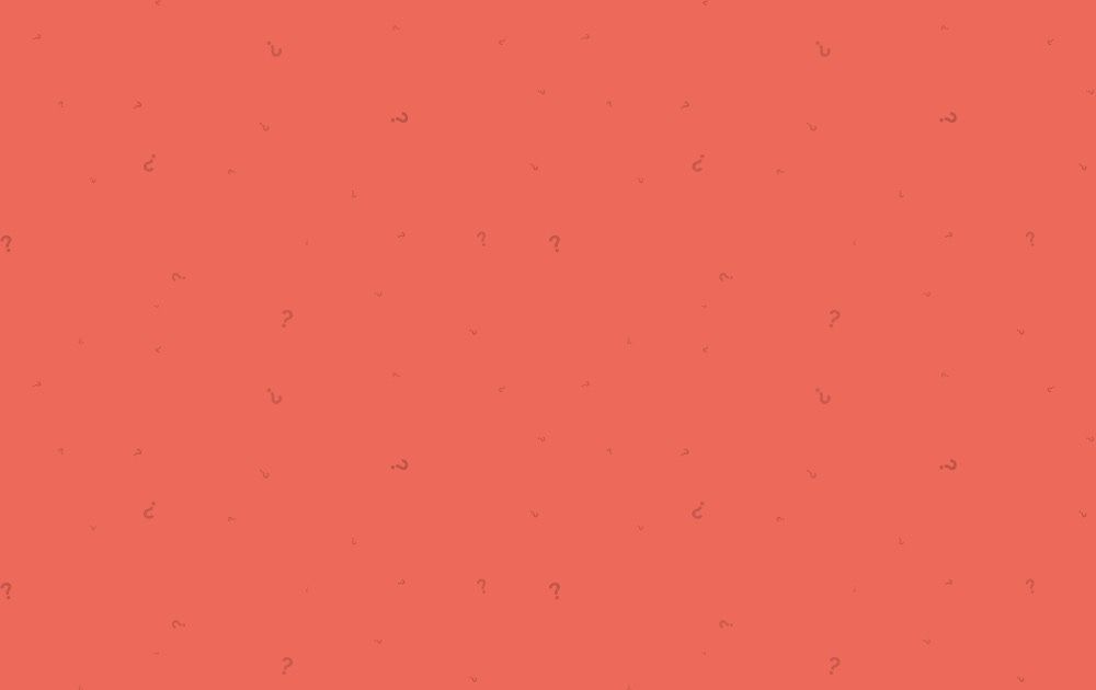 Coral-colored background scattered with faint question marks