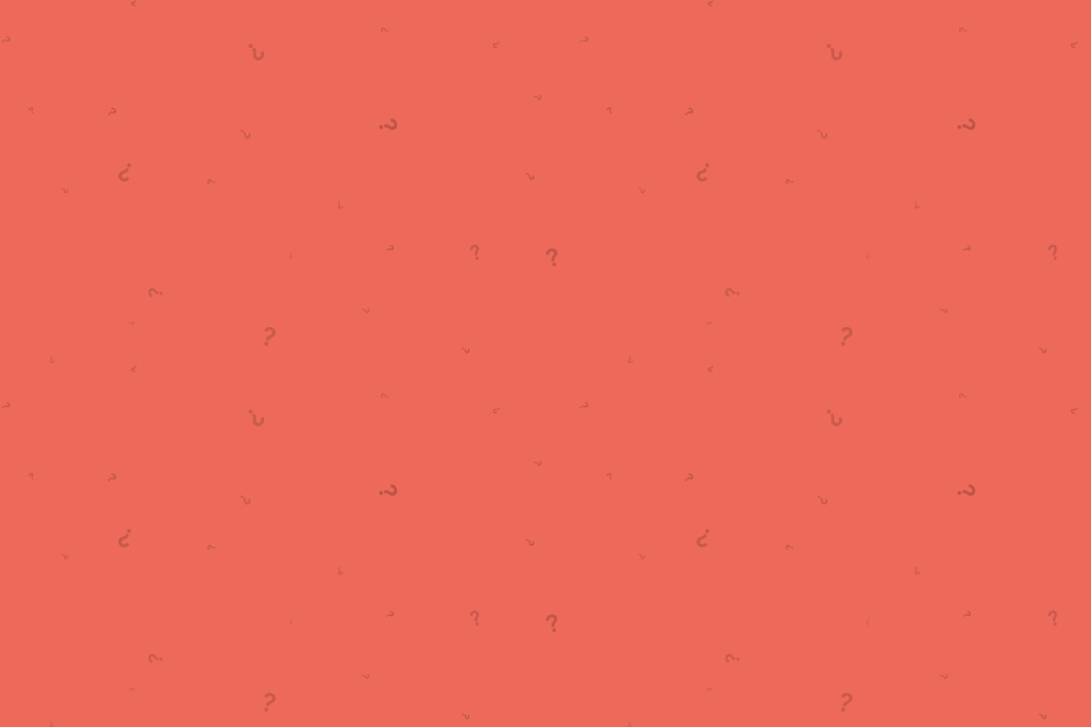 Coral-colored background scattered with faint question marks