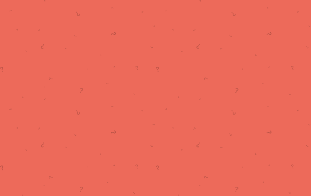 Coral-colored background scattered with faint question marks
