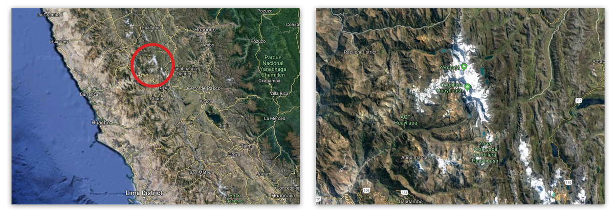 The location of the Cordillera Huayhuash in relation to Lima and a close-up look at its snow covered peaks.