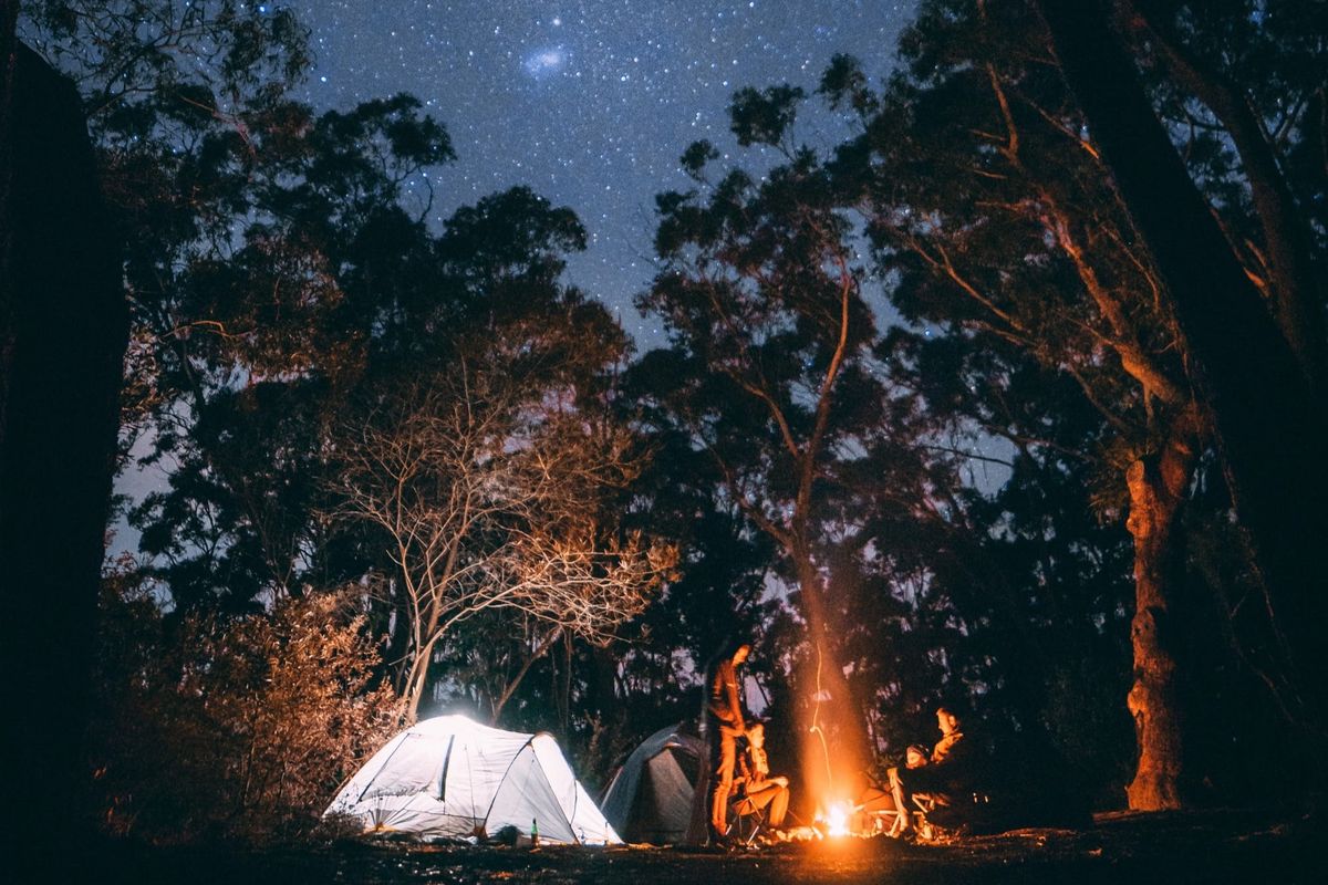 Tent lit by a campfire under a starry night sky in the forest