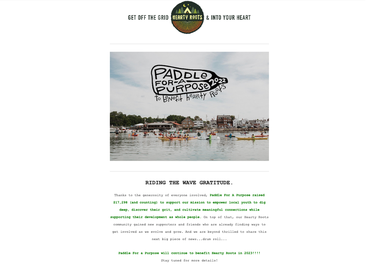 Thank-you email from Paddle for a Purpose, with a photo of kayakers on the water