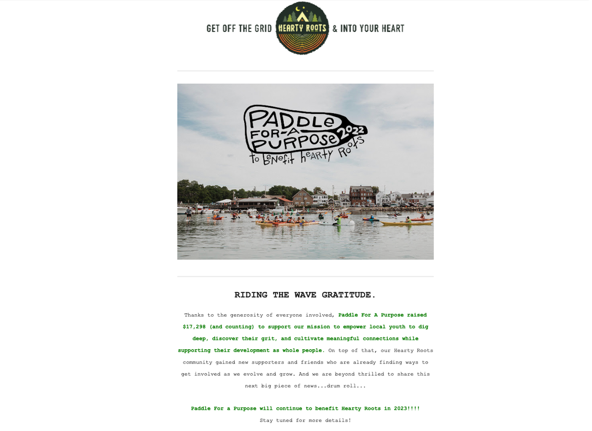 Thank-you email from Paddle for a Purpose, with a photo of kayakers on the water