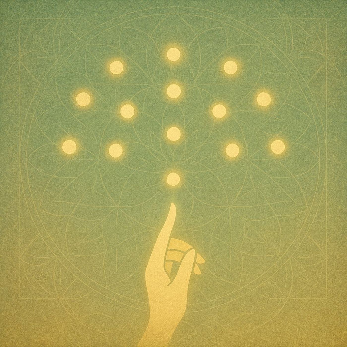 Spiritual artwork of a golden hand reaching toward glowing orbs in a descending pattern, set against a green mandala background — representing mindfulness, present awareness, and anxiety relief