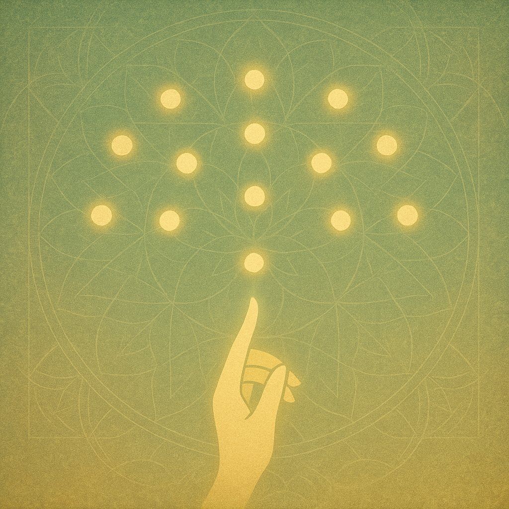 Spiritual artwork of a golden hand reaching toward glowing orbs in a descending pattern, set against a green mandala background — representing mindfulness, present awareness, and anxiety relief