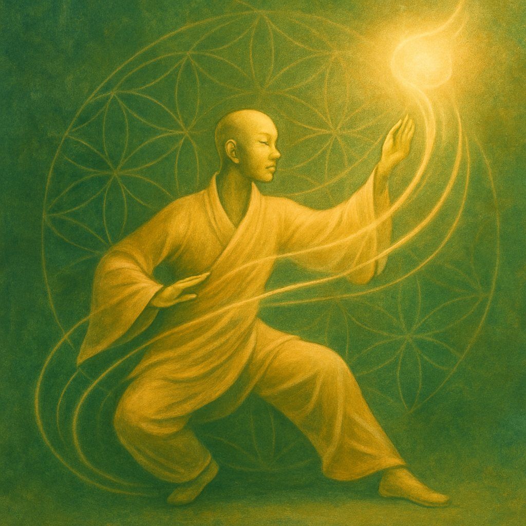 Golden figure in flowing robes practicing Tai Chi, with swirling light and Flower of Life geometry in the background — symbolizing meditative movement and nervous system regulation