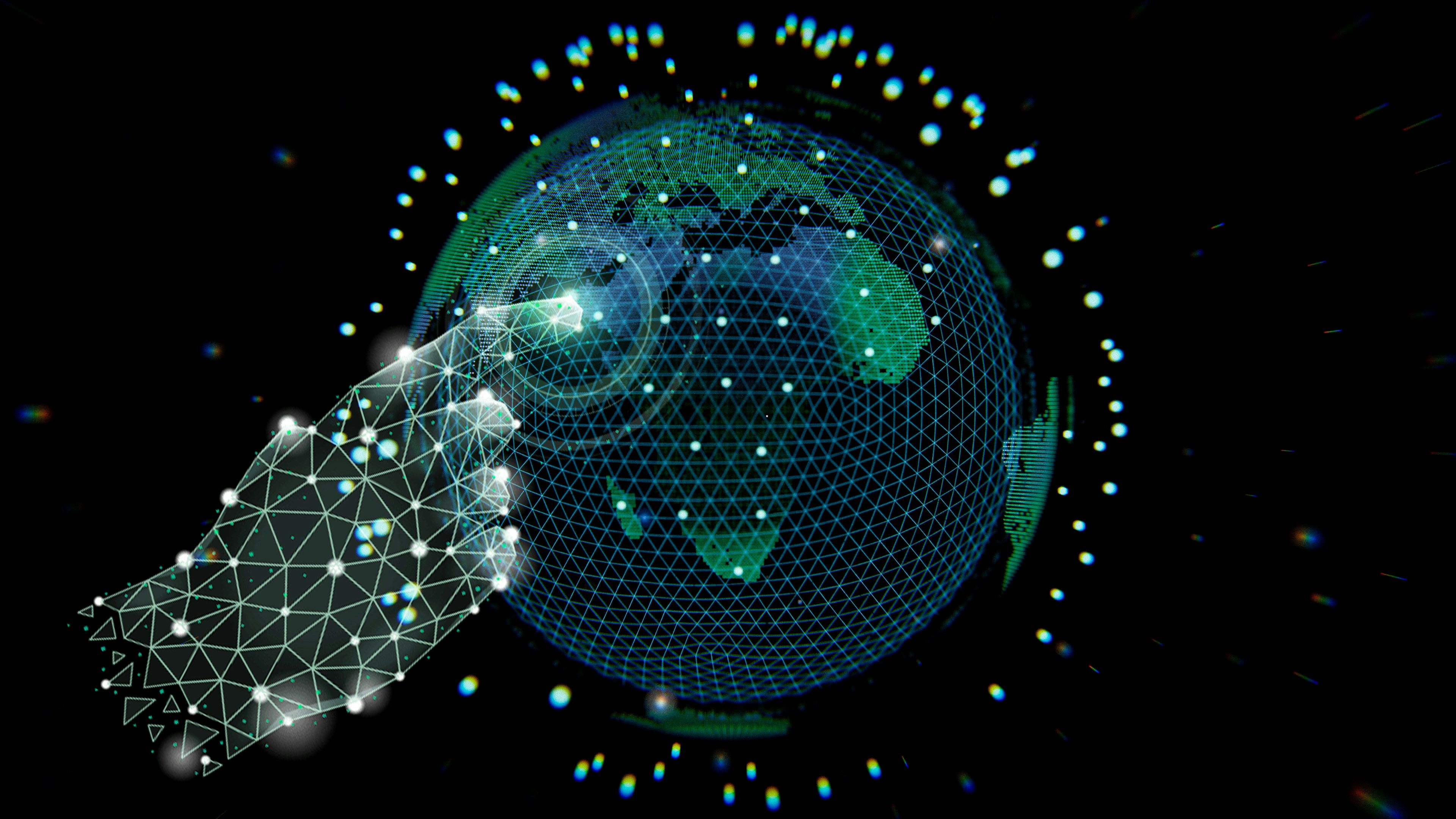 world map from space perspective with nodes connected by tasks led by project manager's hand