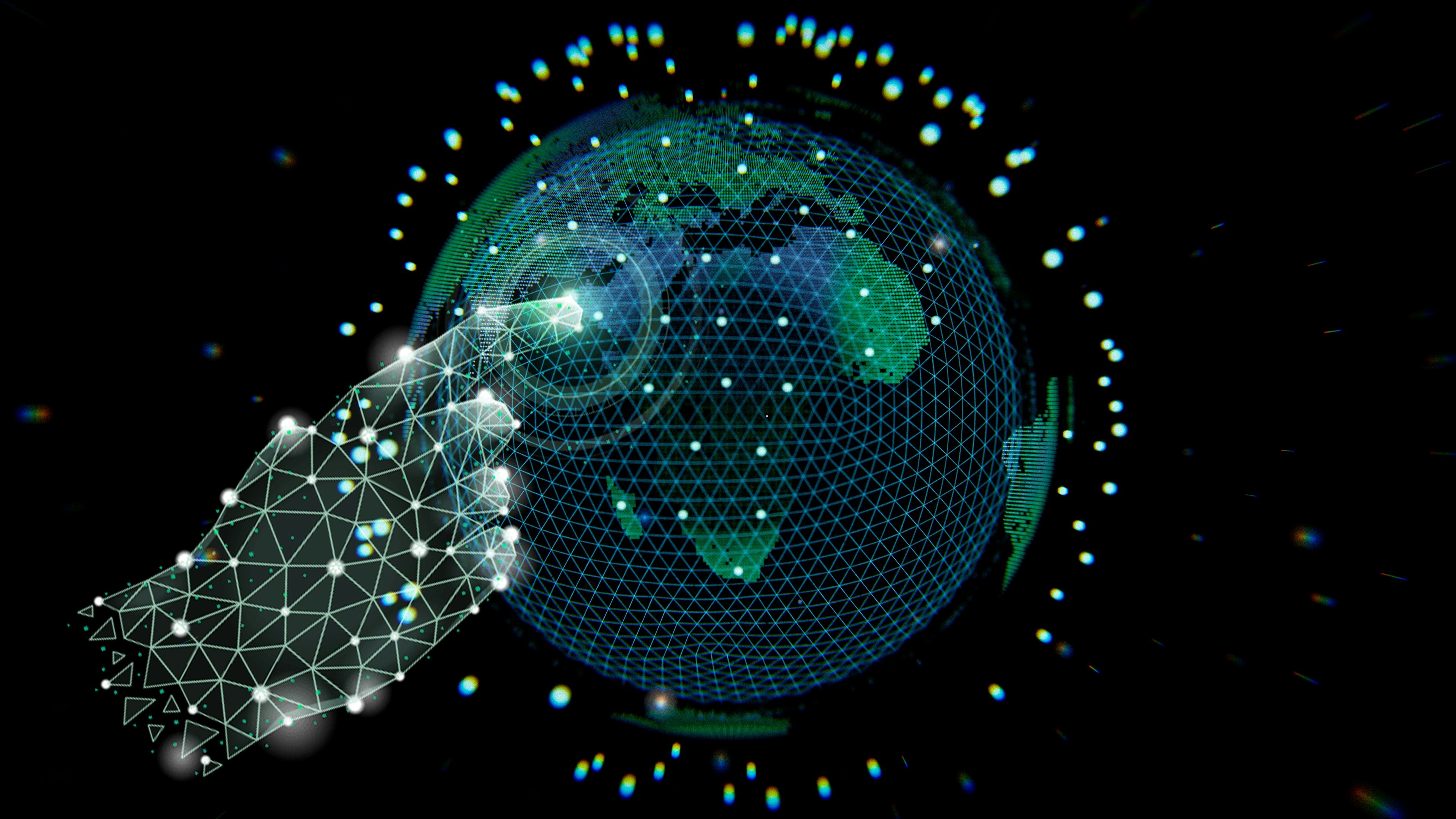world map from space perspective with nodes connected by tasks led by project manager's hand
