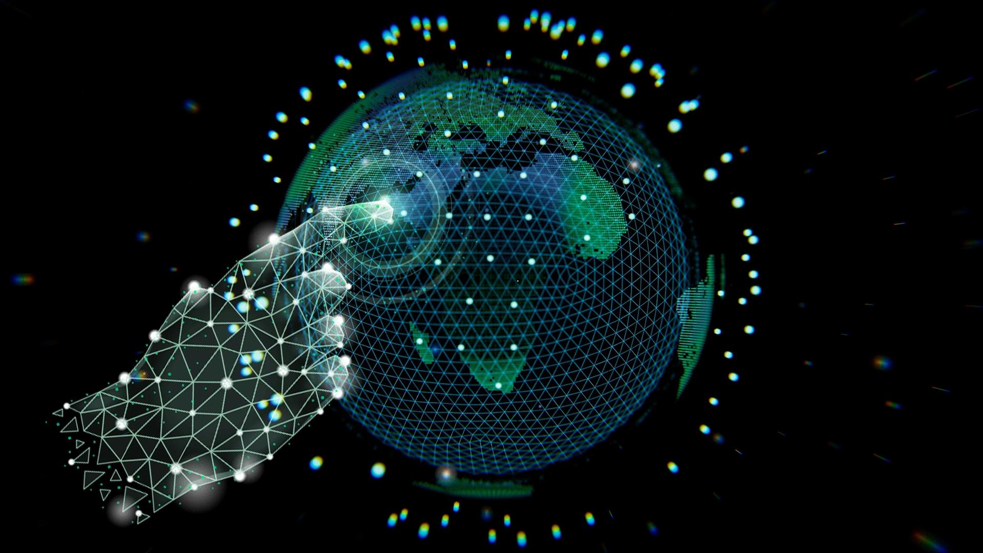 world map from space perspective with nodes connected by tasks led by project manager's hand