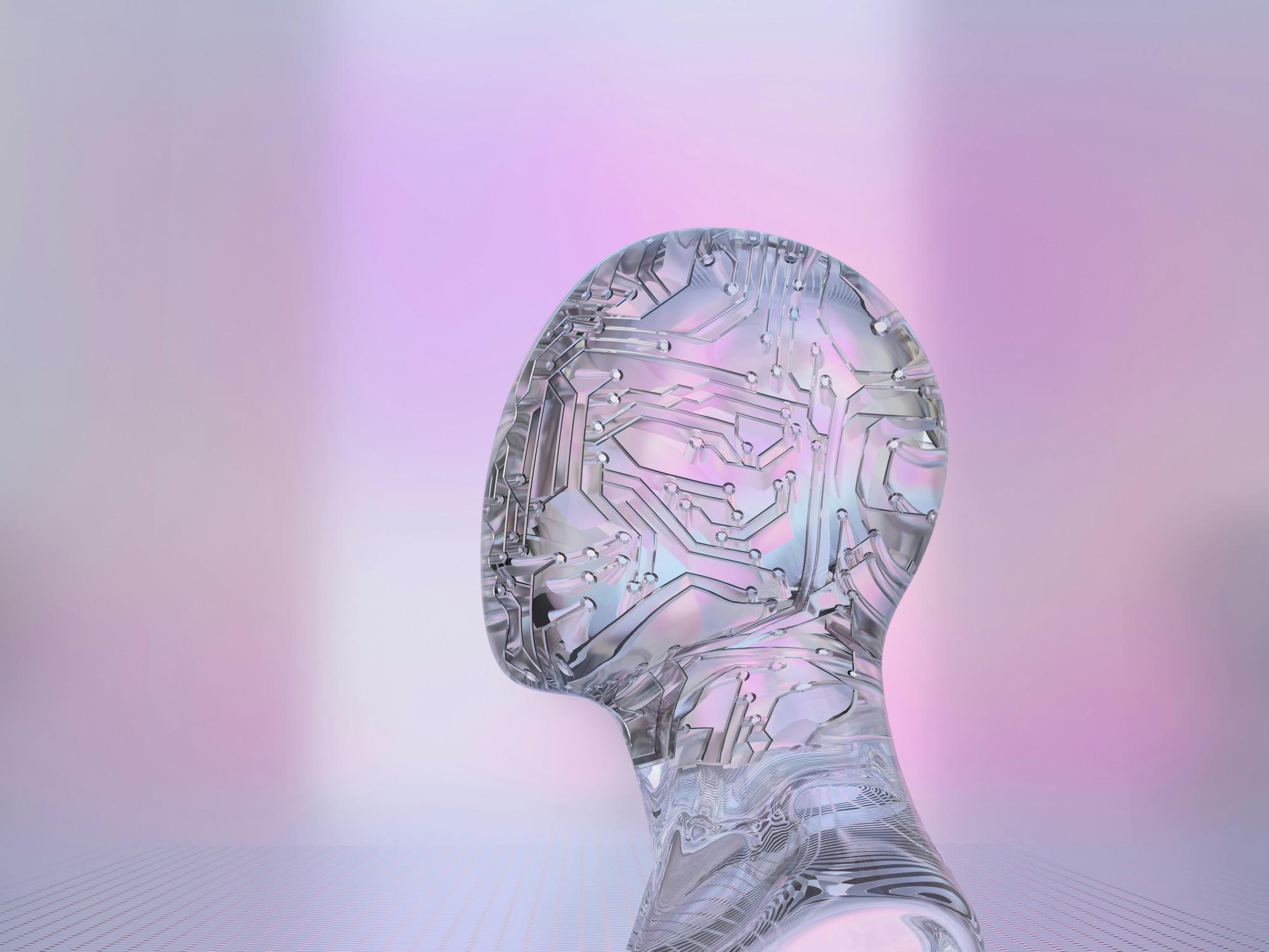Futuristic digital robot head with data visualization and glowing interface.