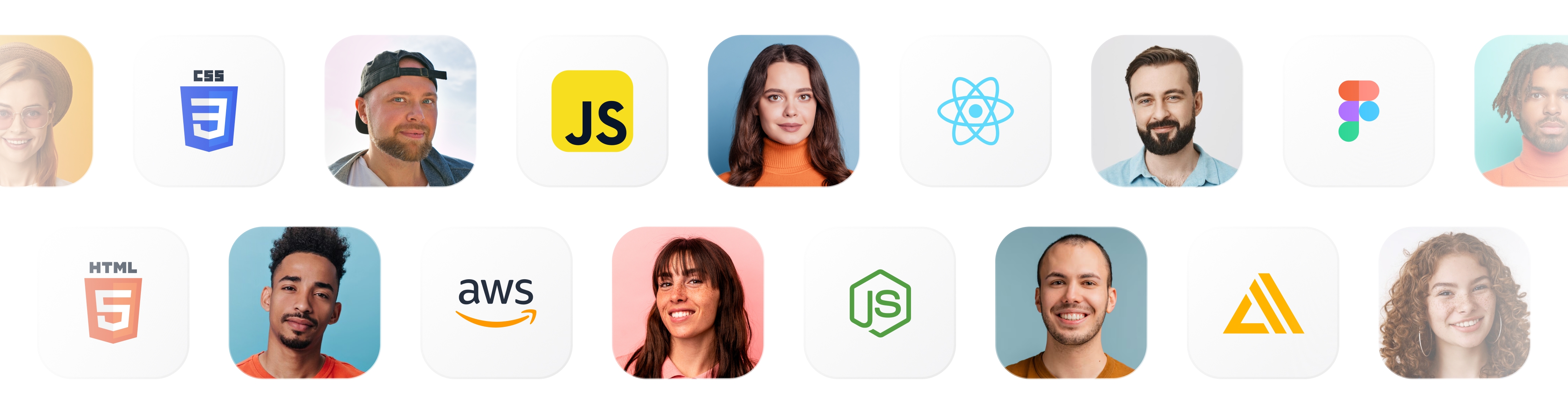 Collage of web development technologies and developers, including HTML, CSS, JavaScript, React, Node.js, AWS, and Figma.