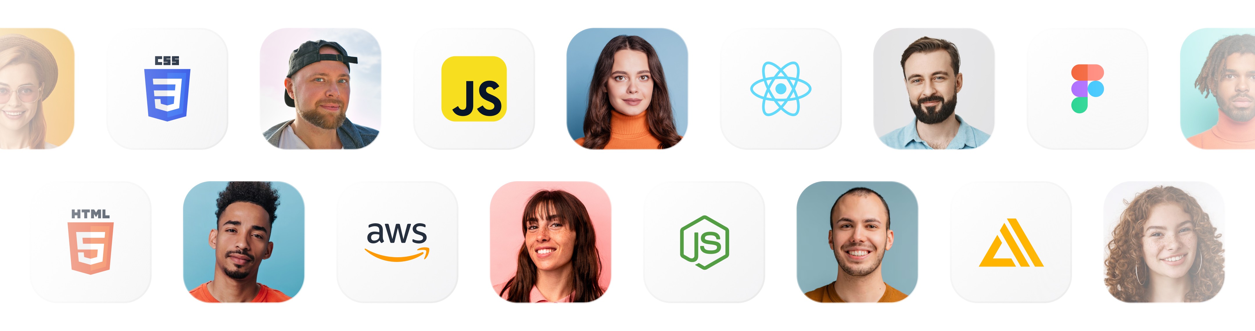 Custom web development technology stack with logos including HTML5, CSS, JavaScript, React, AWS, Node.js, and team member portraits.