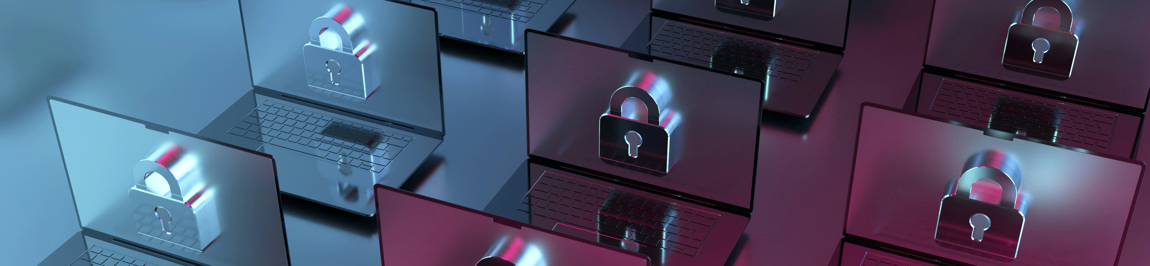 Row of laptops displaying glowing padlock icons, representing cybersecurity and compliance protection.
