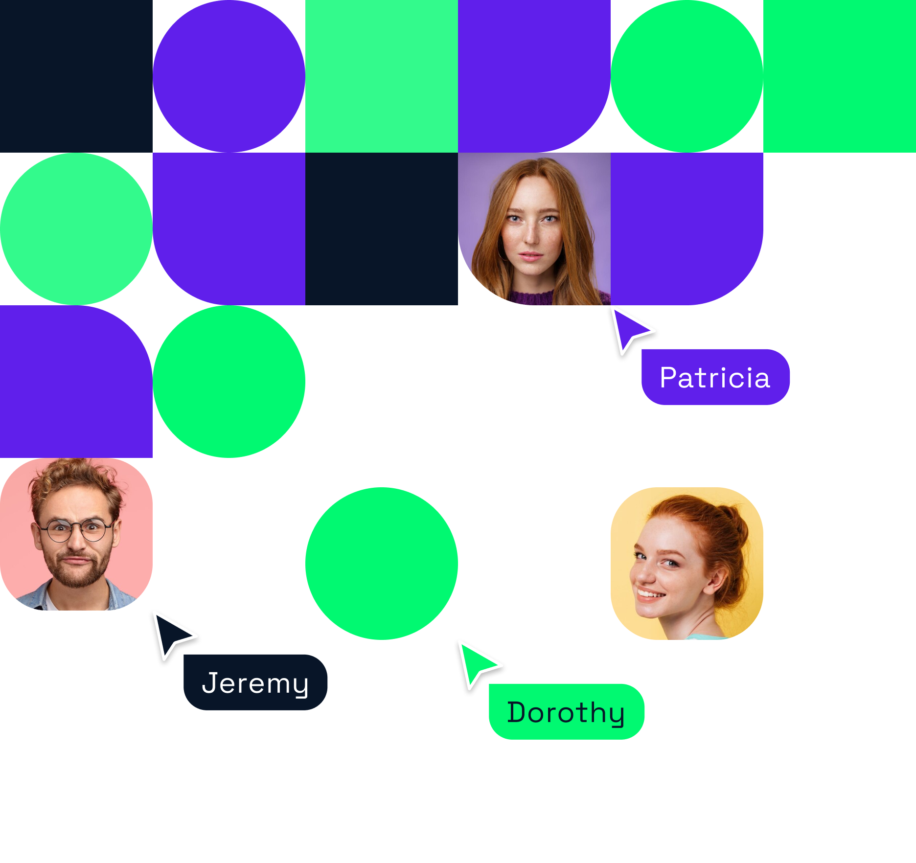 Abstract tile design with team avatars — illustrating WIARA's remote-first approach