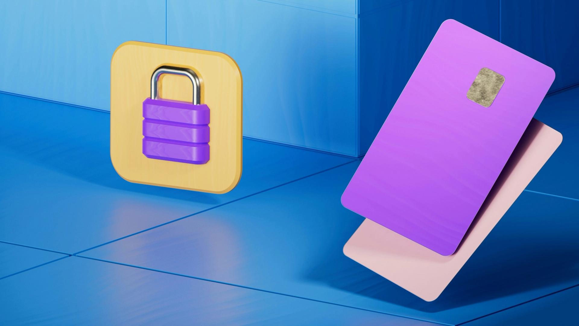 3D illustration of a purple padlock and secure access cards symbolizing data security and compliance.